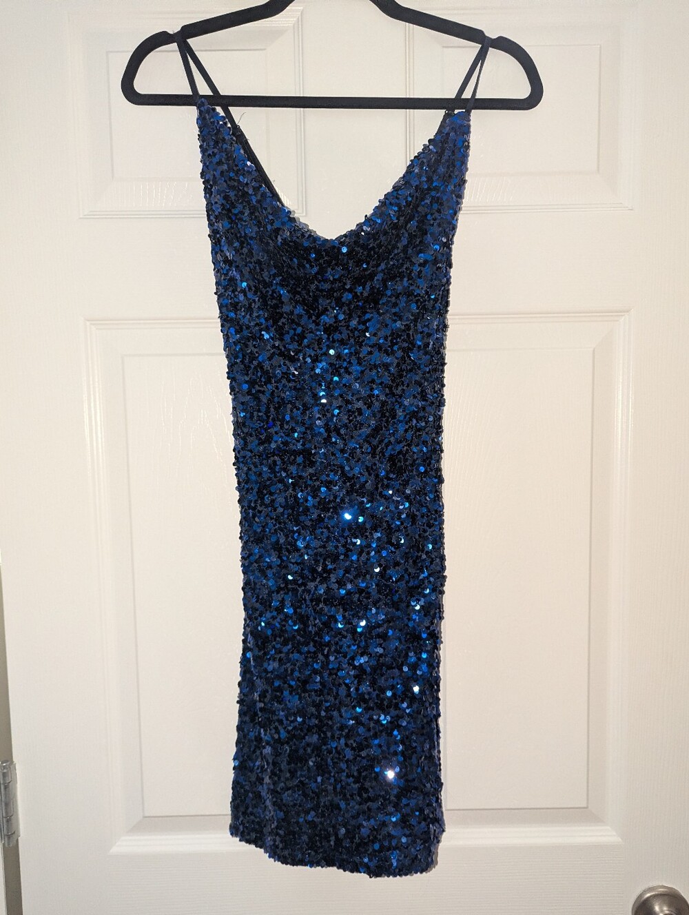 Crystal Doll Blue Sequin Mini Dress Womens L NWT Spaghetti Strap Party Cocktail